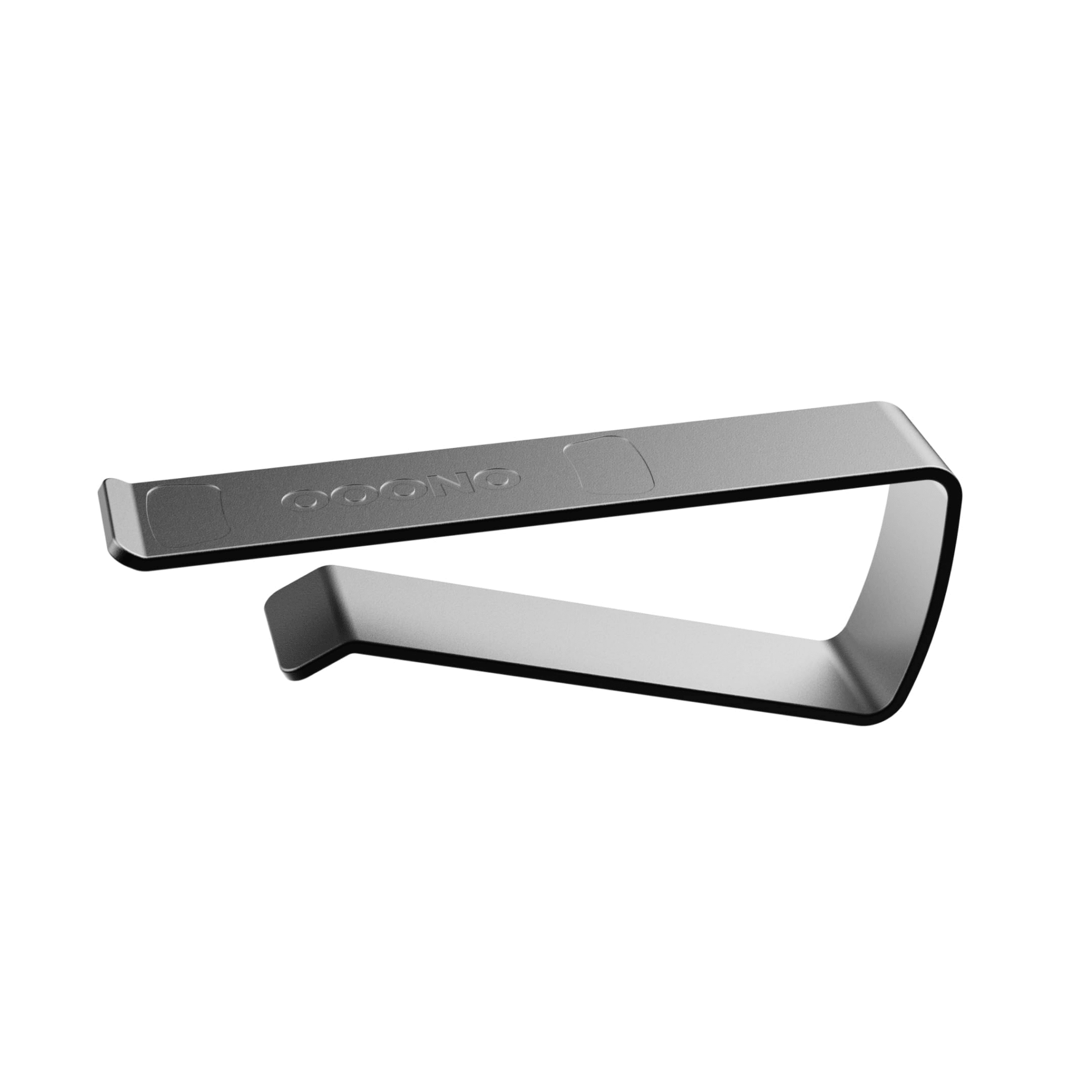 The MOUNT NO2 is a sleek, silver metal clip with a minimalist design, smooth edges, and a subtle engraved logo on top. Its simple angular bend offers reliable grip for securing objects.