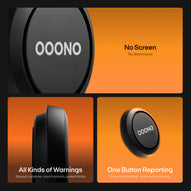 Speed camera detector (trafikalarm) displays: no screen, full warnings, one-button reporting on bright orange backgrounds.