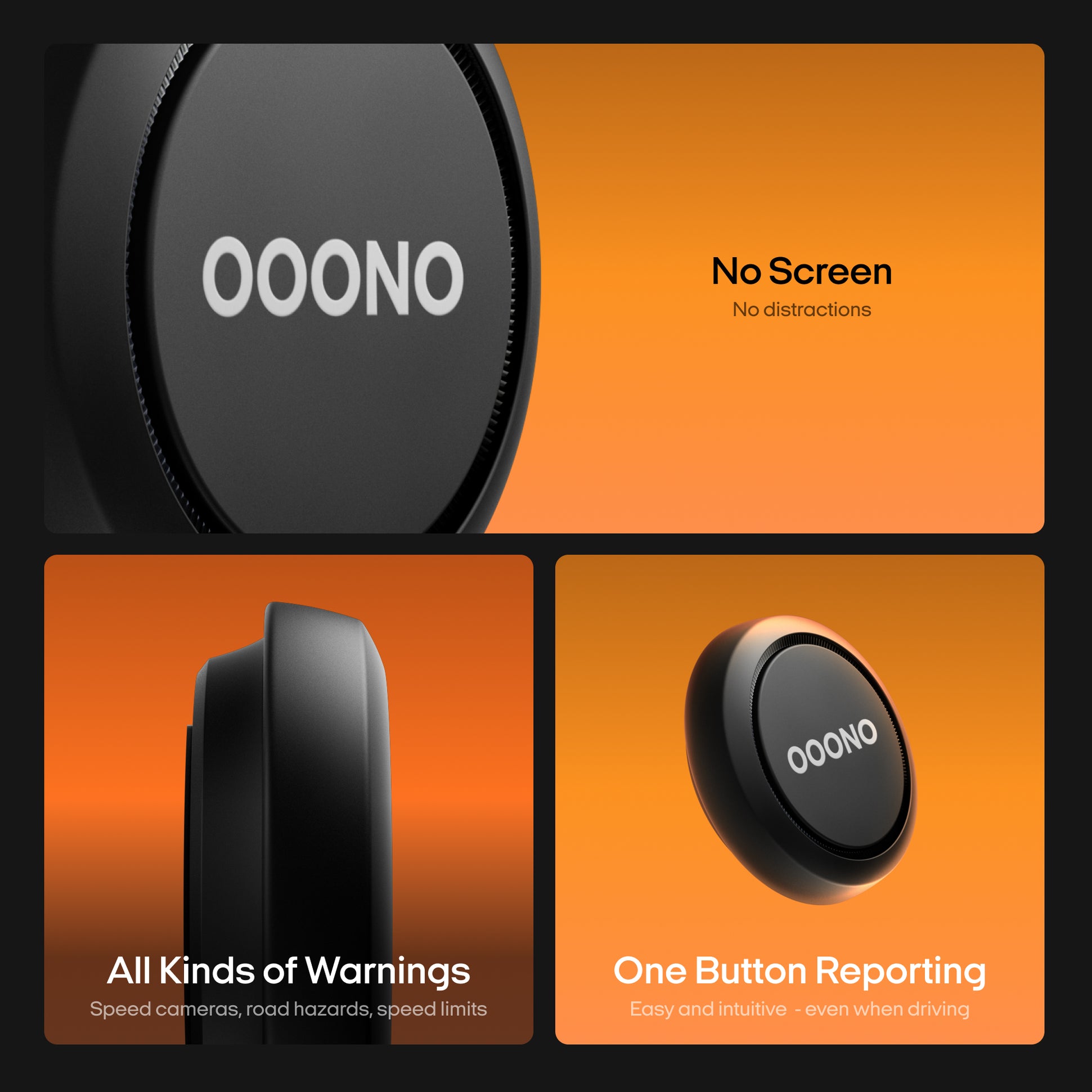 Speed camera detector (trafikalarm) displays: no screen, full warnings, one-button reporting on bright orange backgrounds.