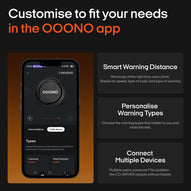 Smartphone showing the OOONO trafikalarm app with custom warnings, distance settings, and multi-device support.