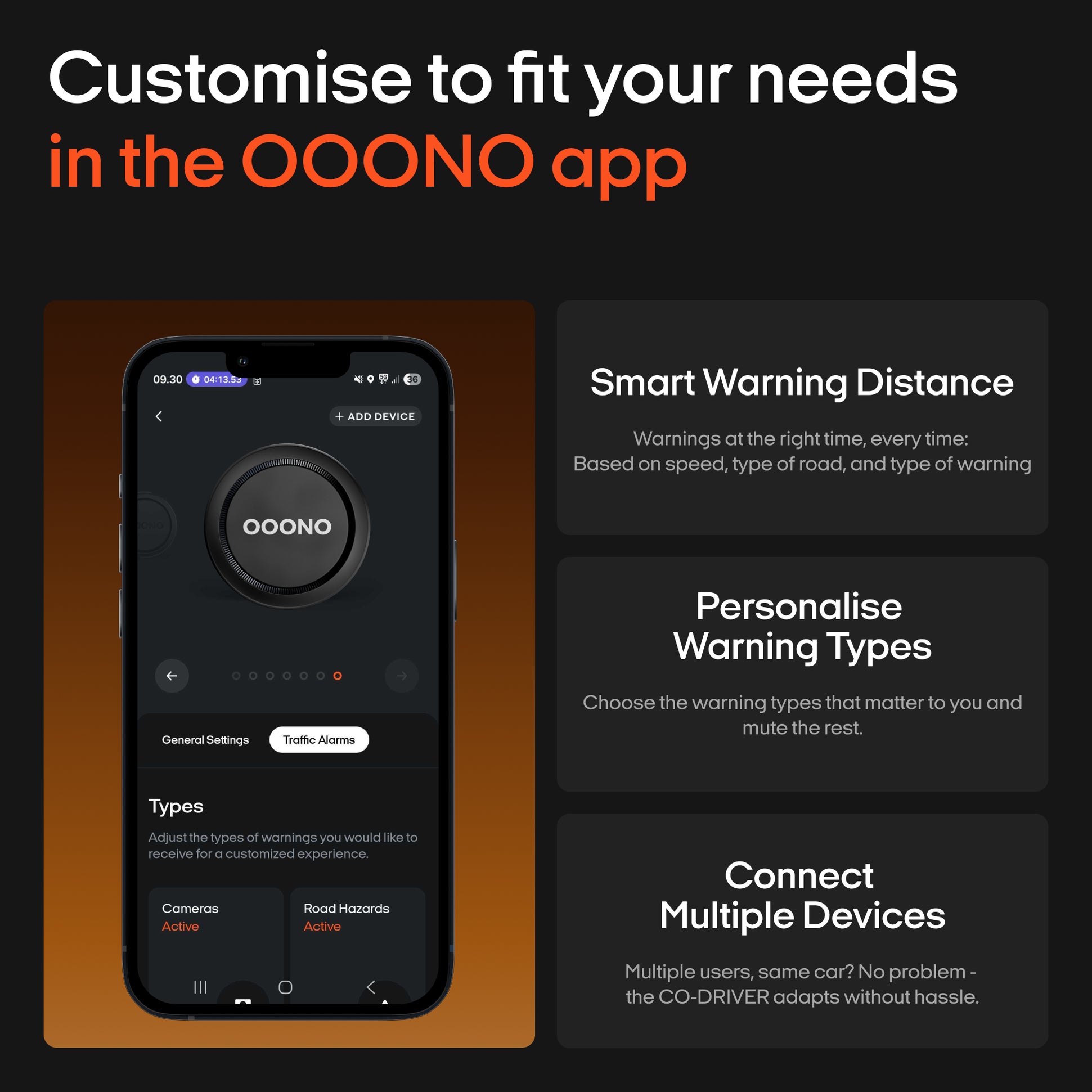 Smartphone showing the OOONO trafikalarm app with custom warnings, distance settings, and multi-device support.