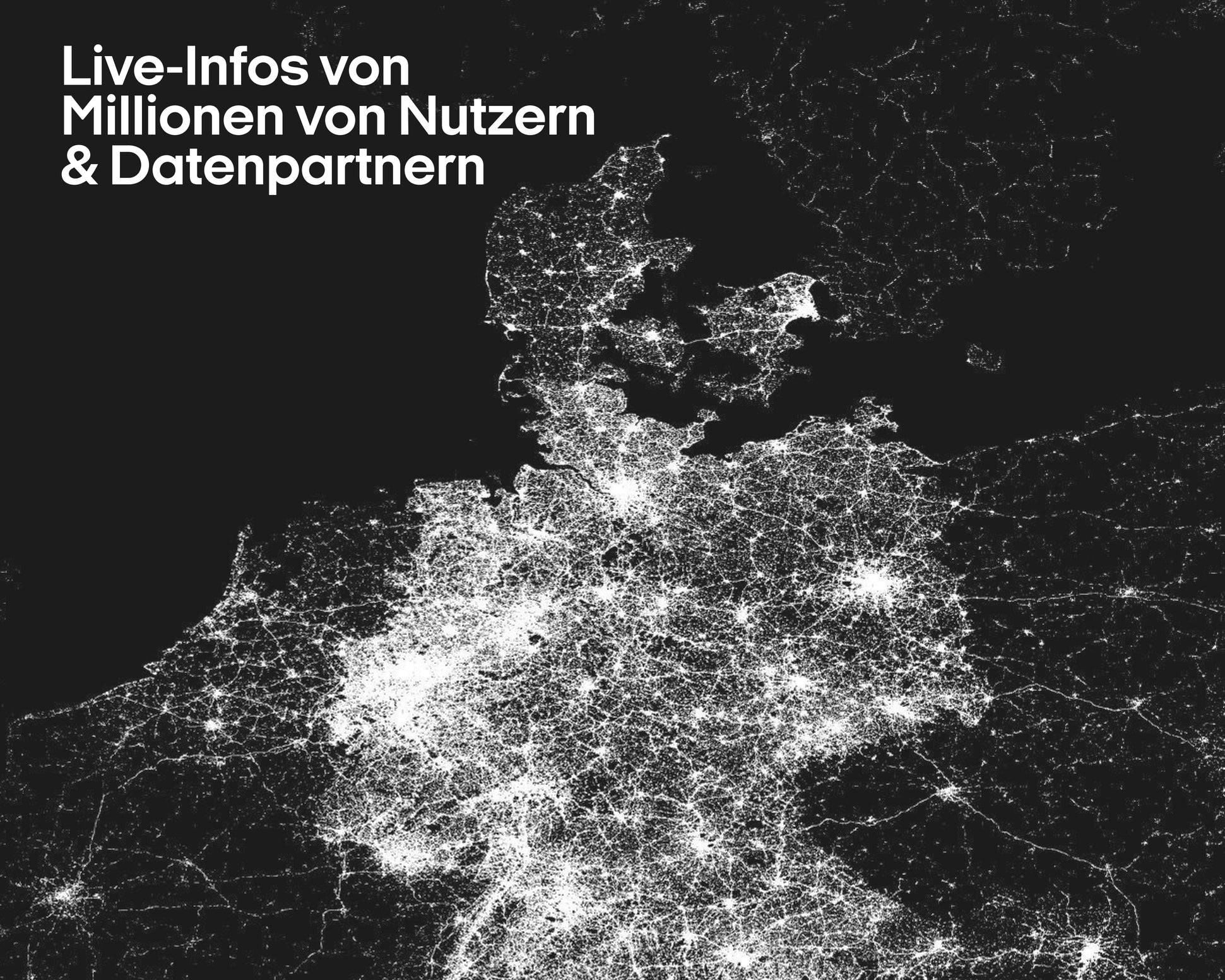 Nordeuropa-Nachtkarte mit deutschem Text mit Blitzerwarner-Nutzer- und Partnerdaten für Blitzerwarnungen.