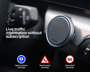 Car dashboard close-up with a speed camera detector (trafikalarm) showing live traffic, road hazards, and speed limit alerts.