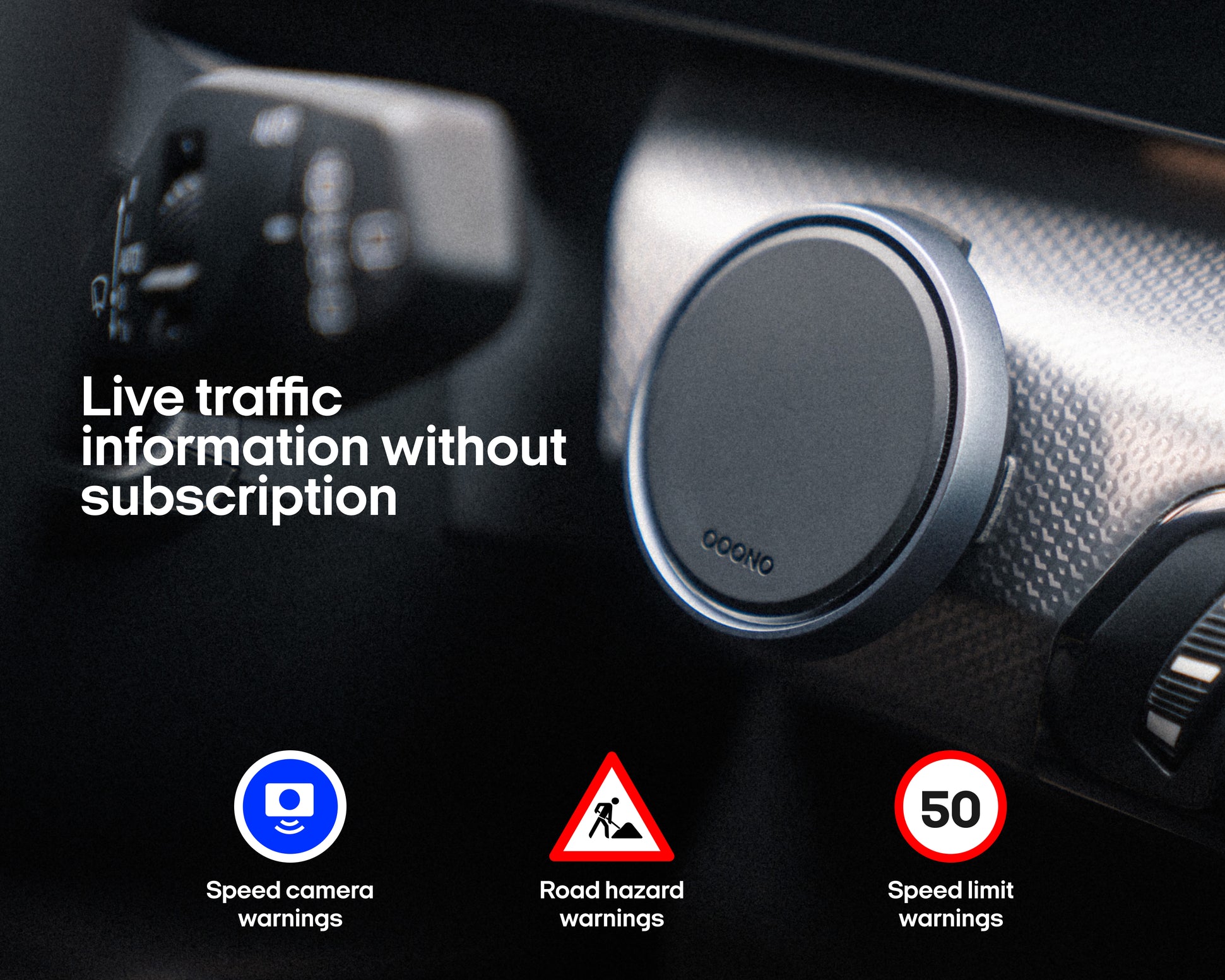 Car dashboard close-up with a speed camera detector (trafikalarm) showing live traffic, road hazards, and speed limit alerts.