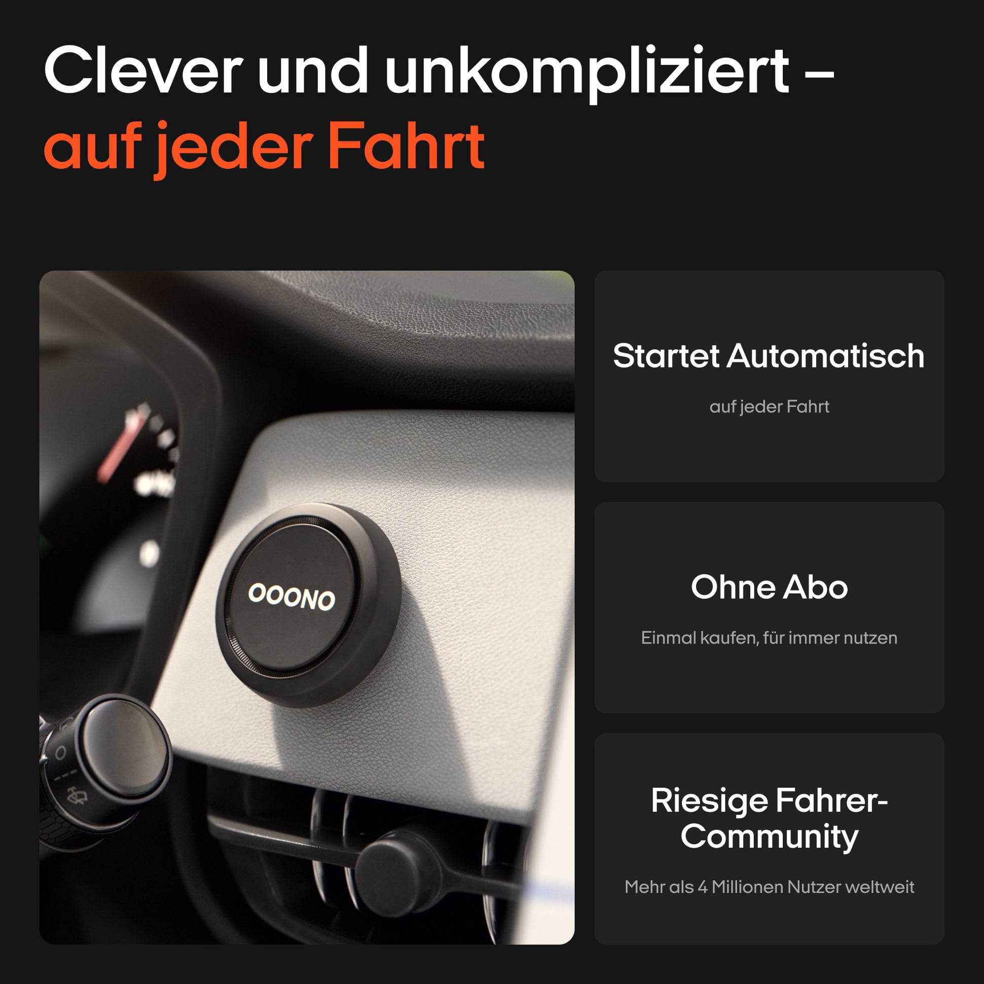 OOONO Blitzerwarner am Lüftungsgitter im Auto, automatische Nutzung, kein Abo, große Fahrer-Community.