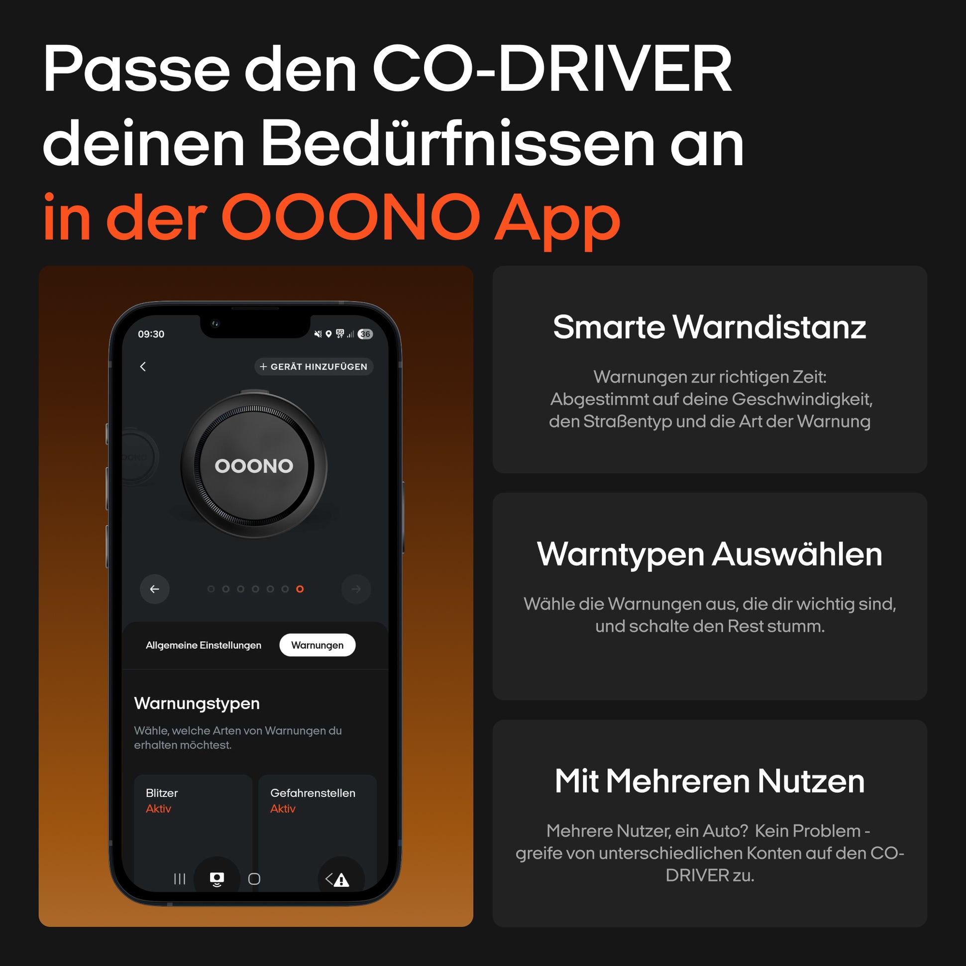 Smartphone mit geöffneter OOONO App als Blitzerwarner, zeigt Warnungsoptionen und Nutzungseinstellungen.