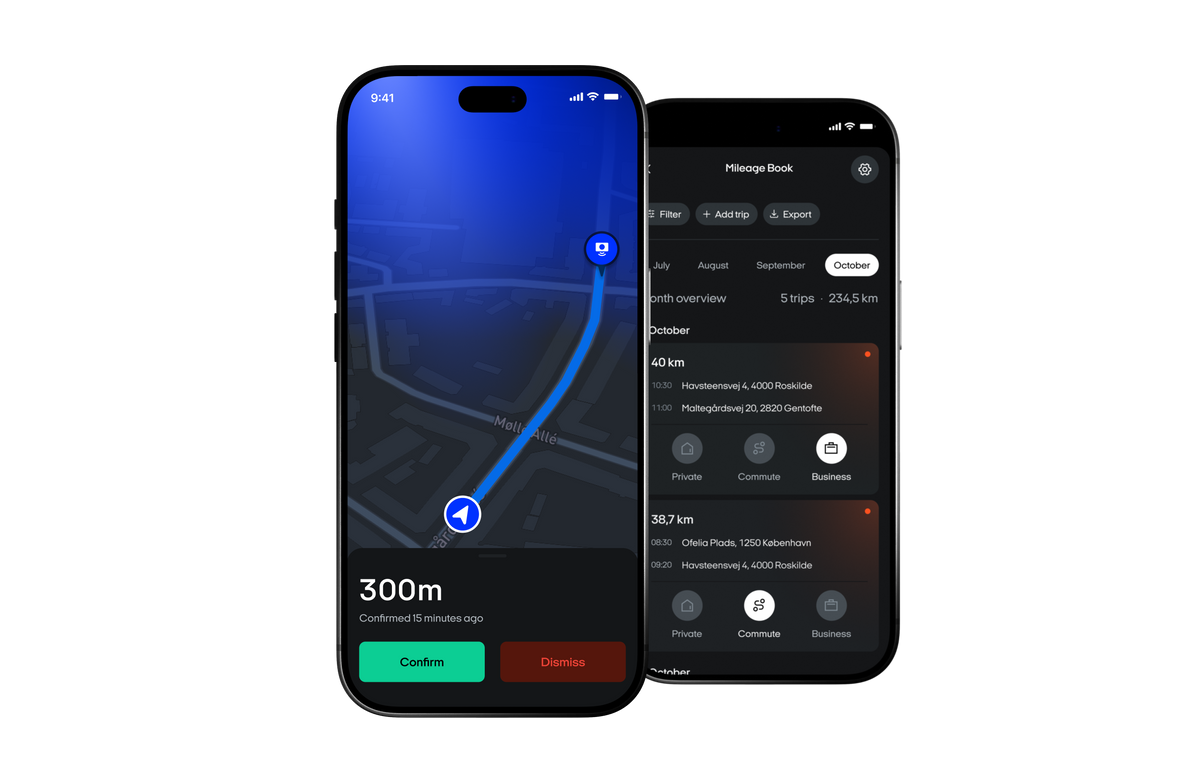 OOONO app-skærme: brændstofpriser, en bekræftet advarsel og Mileage Book