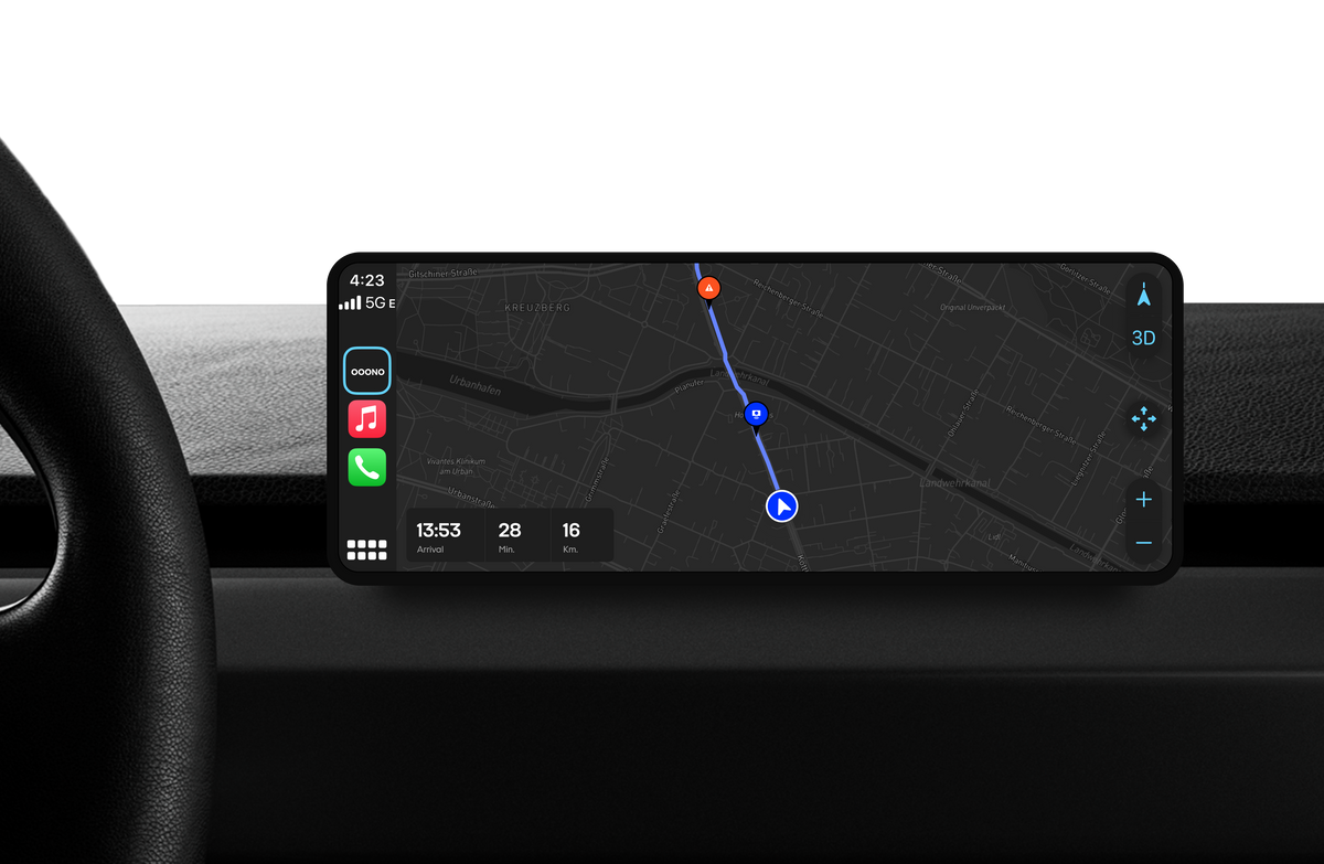 OOONO fuel prices and route on a CarPlay screen in a car dashboard