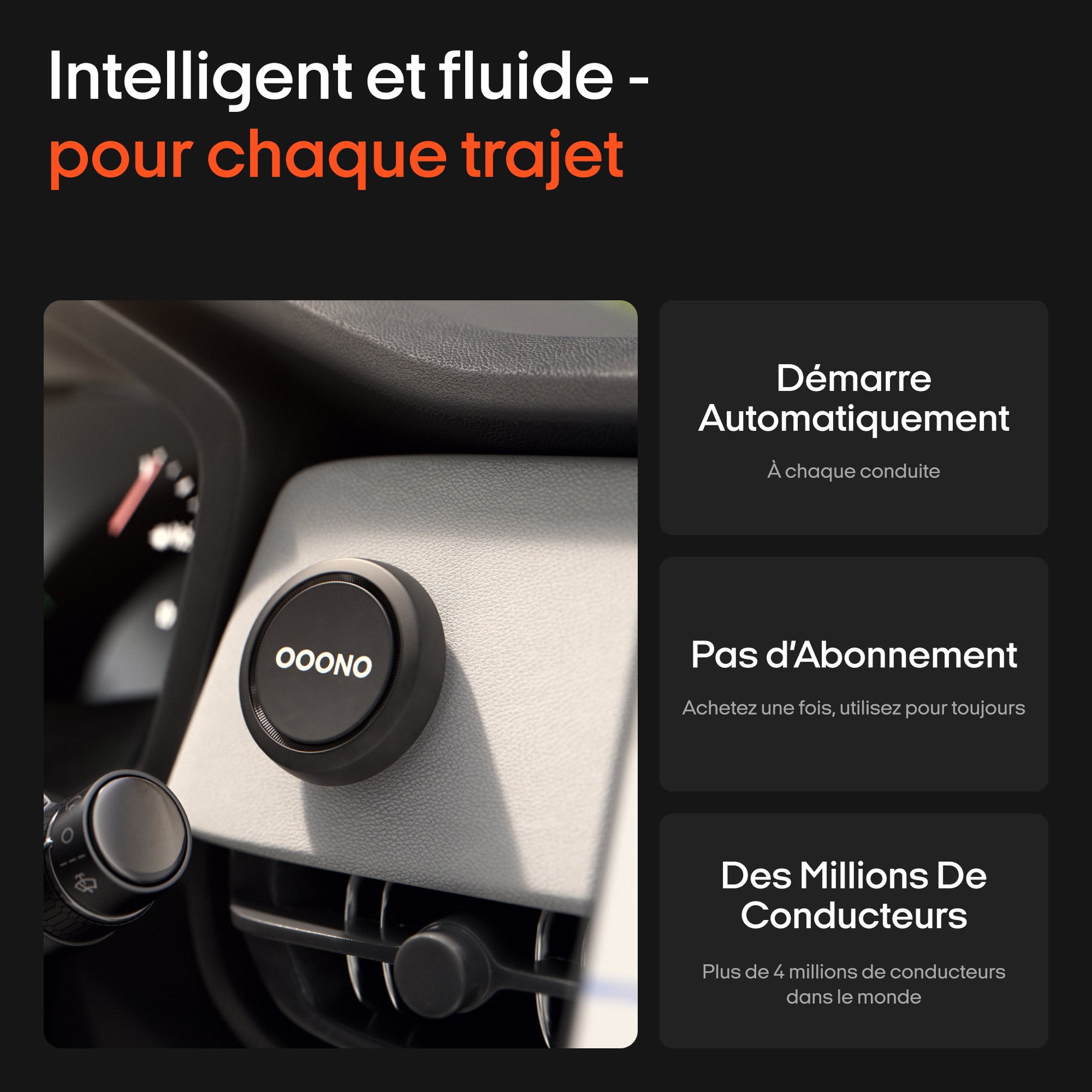 Ooono détecteur de radar posé sur tableau de bord, trois encadrés en français présentant ses fonctionnalités.