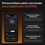 Smartphone affichant l'application OOONO détecteur de radar avec des alertes personnalisables et des fonctionnalités en français visibles à l'écran.