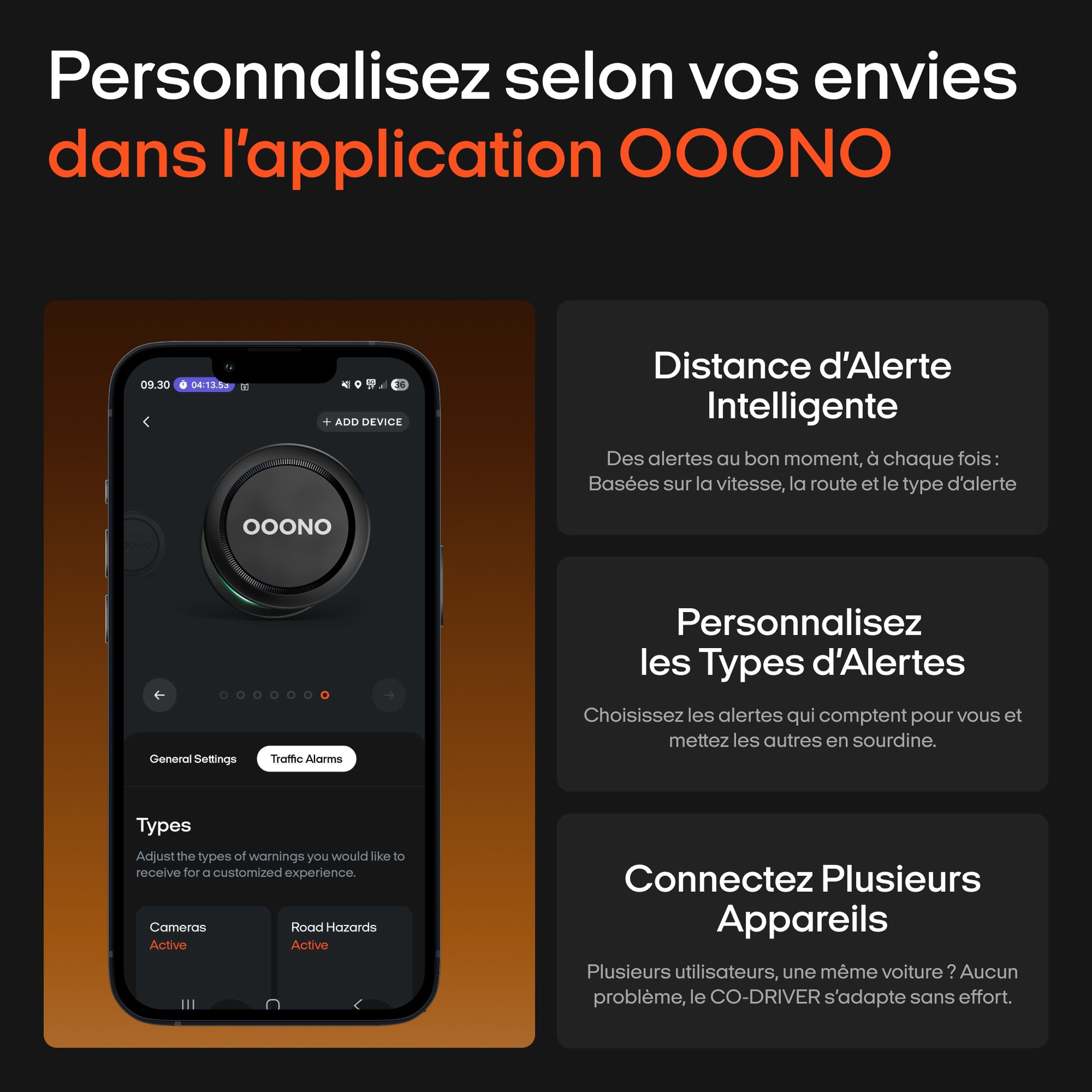Smartphone affichant l'application OOONO détecteur de radar avec des alertes personnalisables et des fonctionnalités en français visibles à l'écran.