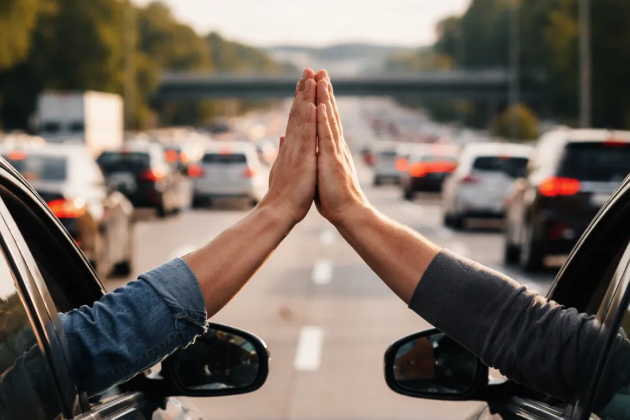 Drivers high-fiving between cars in traffic
