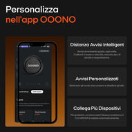 Smartphone che mostra l'interfaccia dell'app OOONO con funzioni di trafikalarm, avvisi intelligenti e connessione multidispositivo.