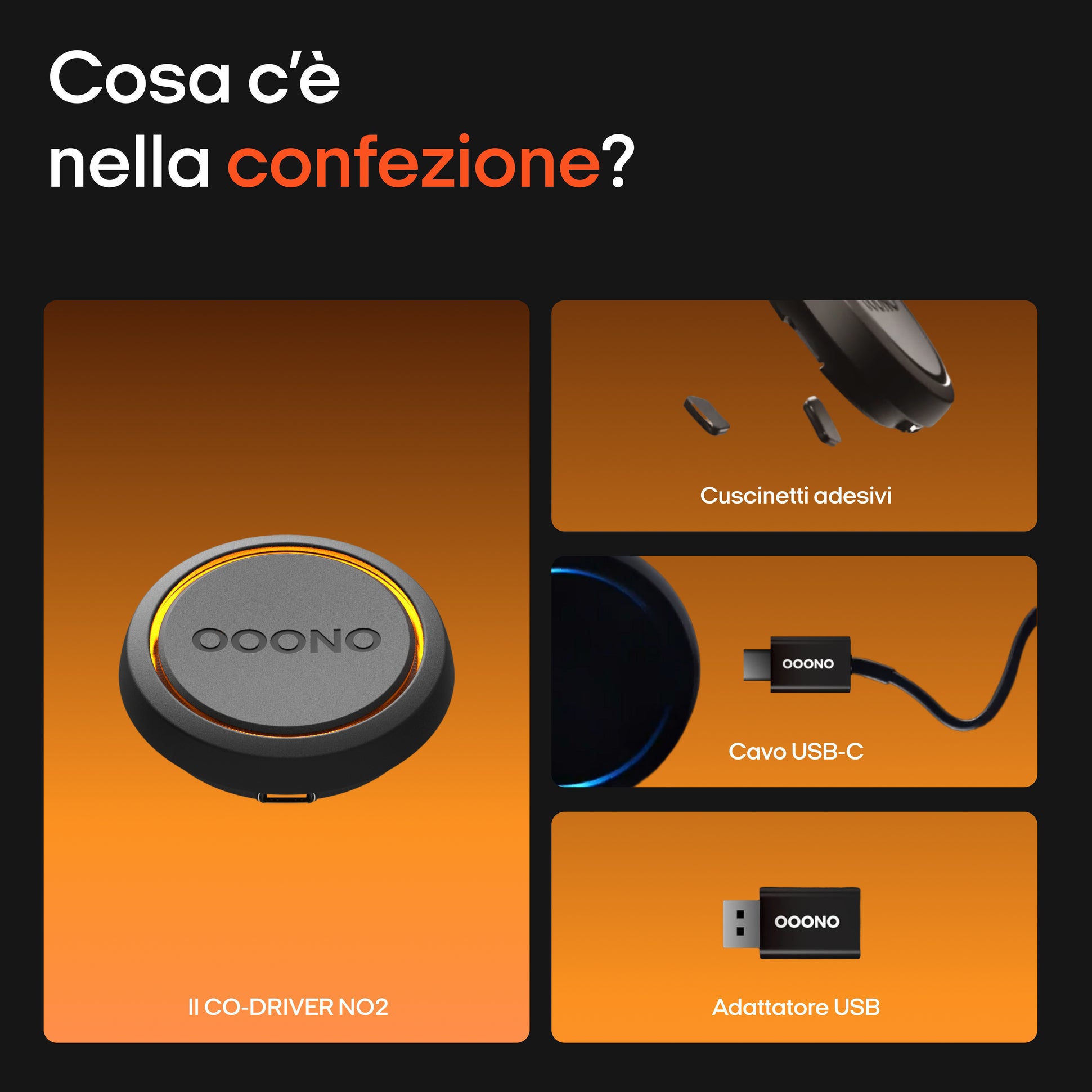 Contenuto della confezione di Ooono trafikalarm: dispositivo, cuscinetti adesivi, cavo USB-C e adattatore USB disposti su un tavolo.