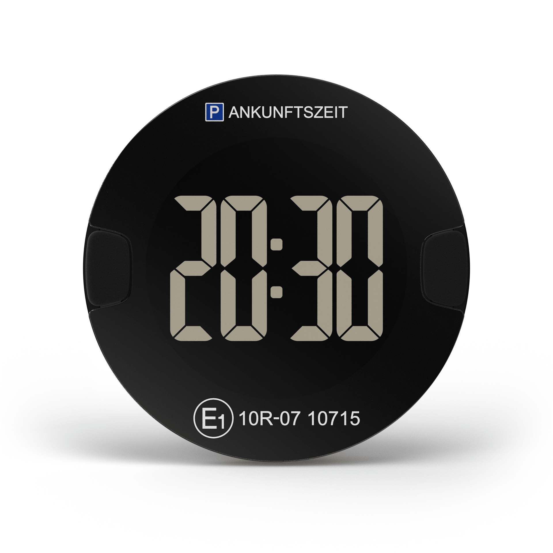 The P-DISC NO4 is a round black digital parking disc showing 20:30 on a large display, with "ANKUNFTSZEIT" above and code "E1 10R-07 10715" below.
