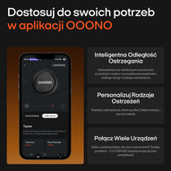 Smartfon z aplikacją OOONO, wykrywaczem radarów na ekranie, polskie opisy na czarnym tle, funkcje bezpieczeństwa.