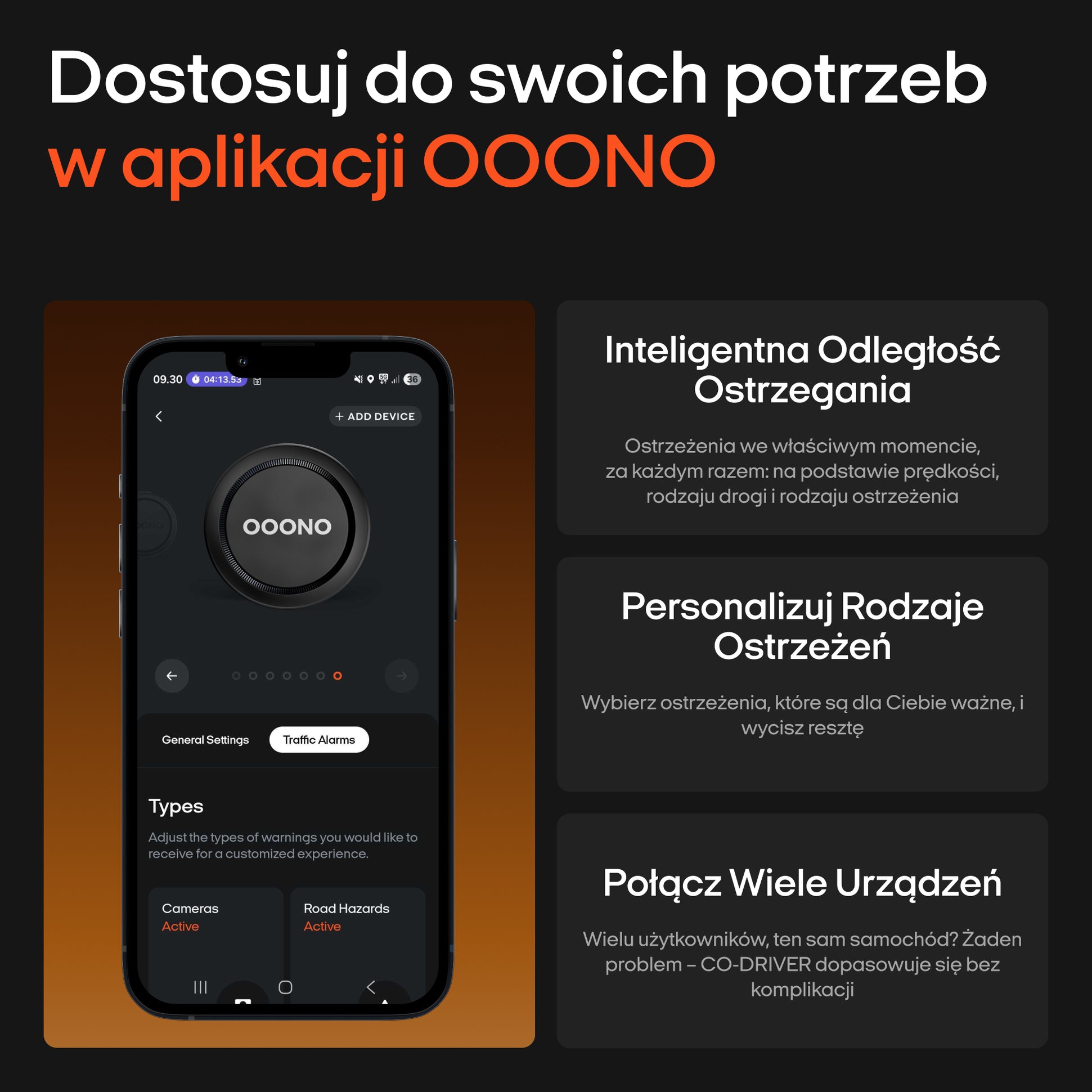 Smartfon z aplikacją OOONO, wykrywaczem radarów na ekranie, polskie opisy na czarnym tle, funkcje bezpieczeństwa.