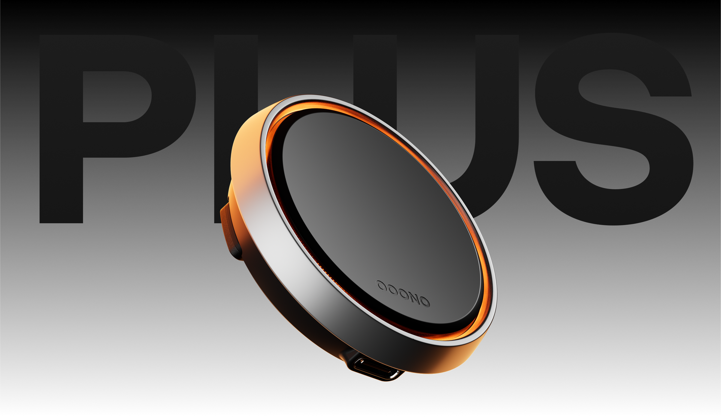 Sleek black and orange speed camera detector (trafikalarm) displayed before bold PLUS text on a soft gradient background.