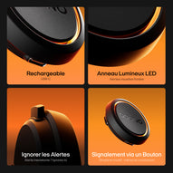 Quatre panneaux présentent un trafikalarm rond avec un port USB-C, un anneau LED, des boutons d'alerte et d'ignorance, sur des fonds orange vif.