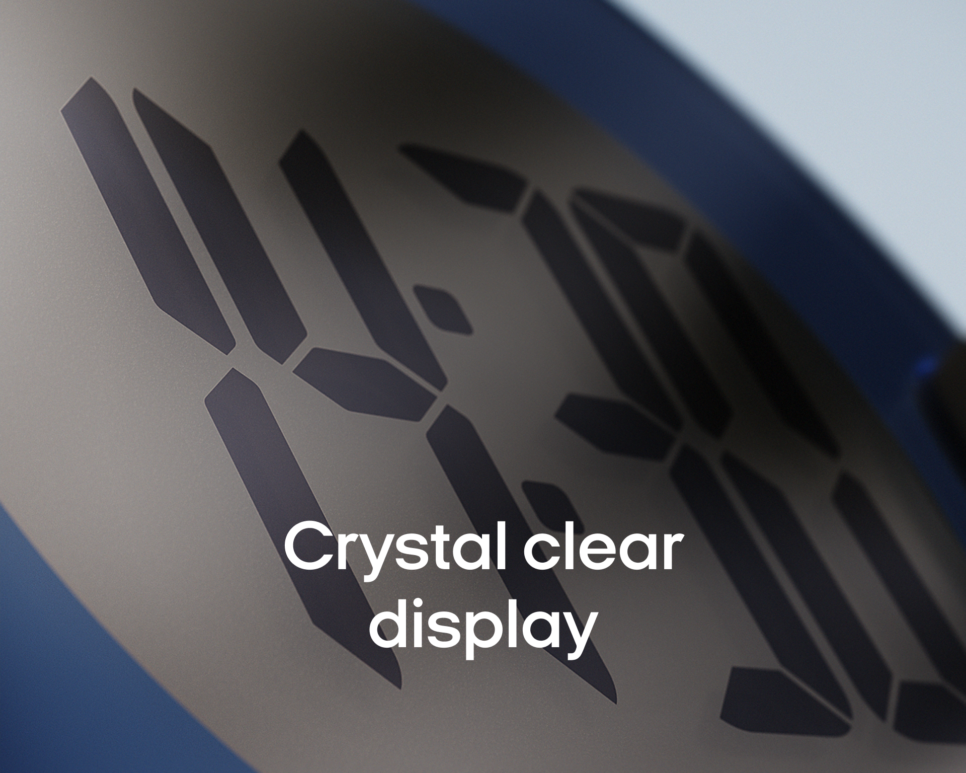 Close-up of a digital clock display showing the words "Crystal clear trafikalarm display" on the screen.