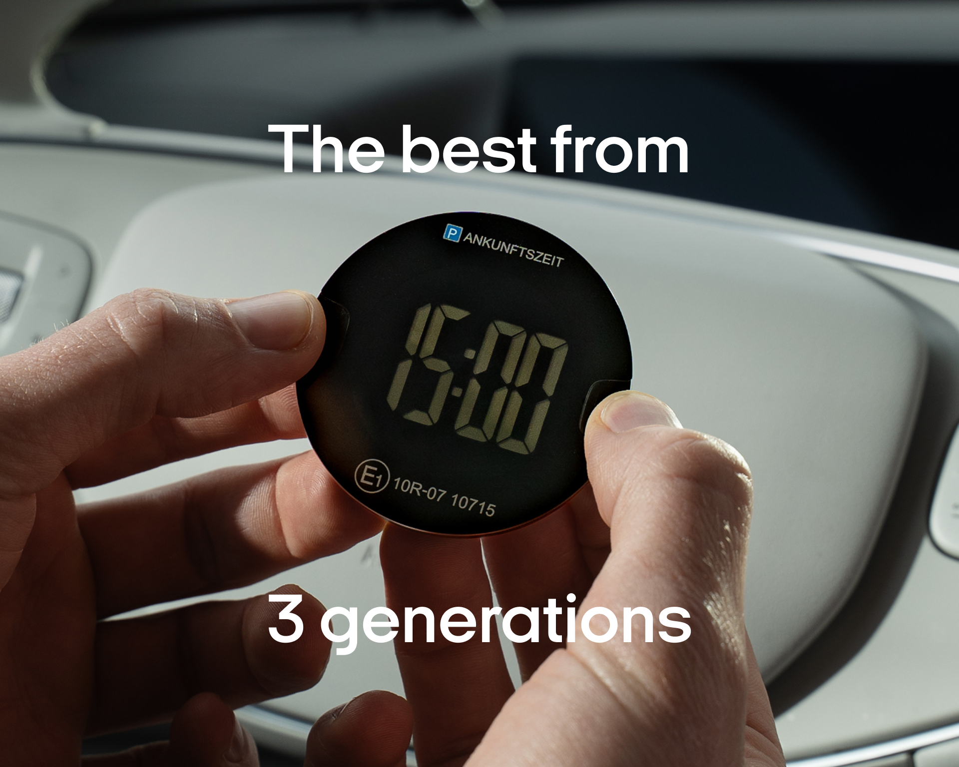 Hand adjusting a digital parking disc set to 15:00 with built-in trafikalarm, latest model from three product generations.