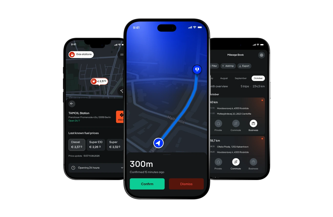 OOONO app screens: fuel prices, a confirmed warning and the Mileage Book