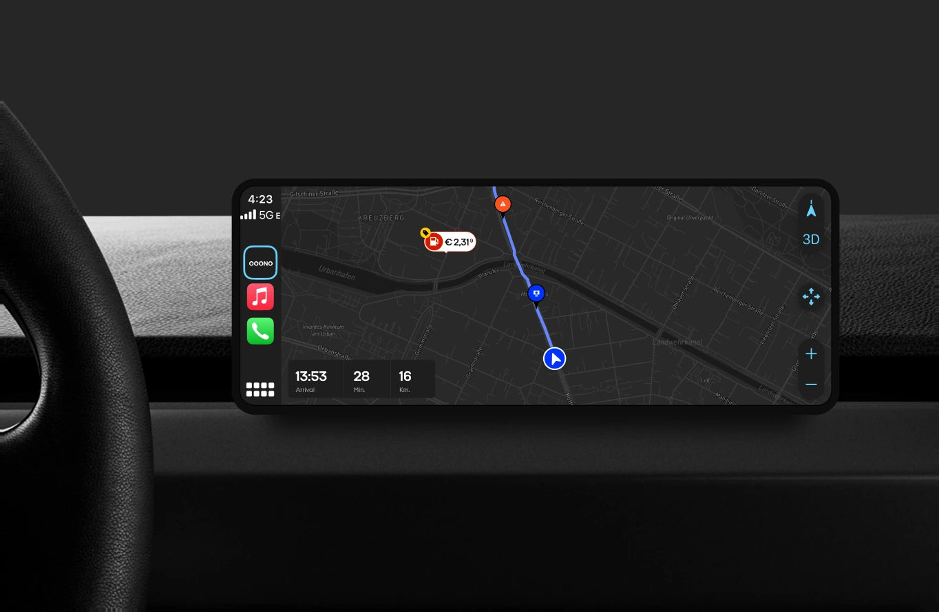 OOONO fuel prices and route on a CarPlay screen in a car dashboard