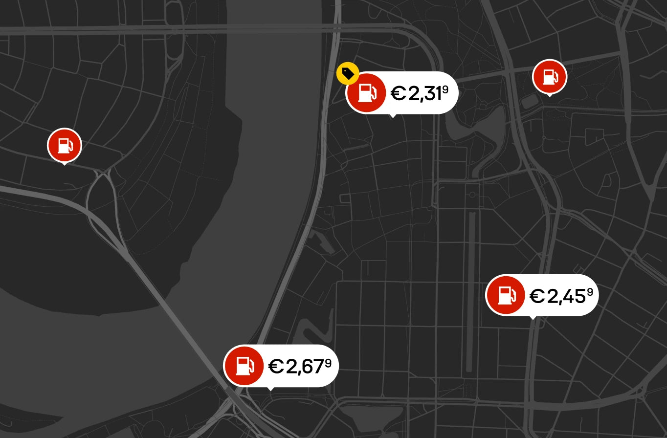 Map with nearby fuel stations and their current prices